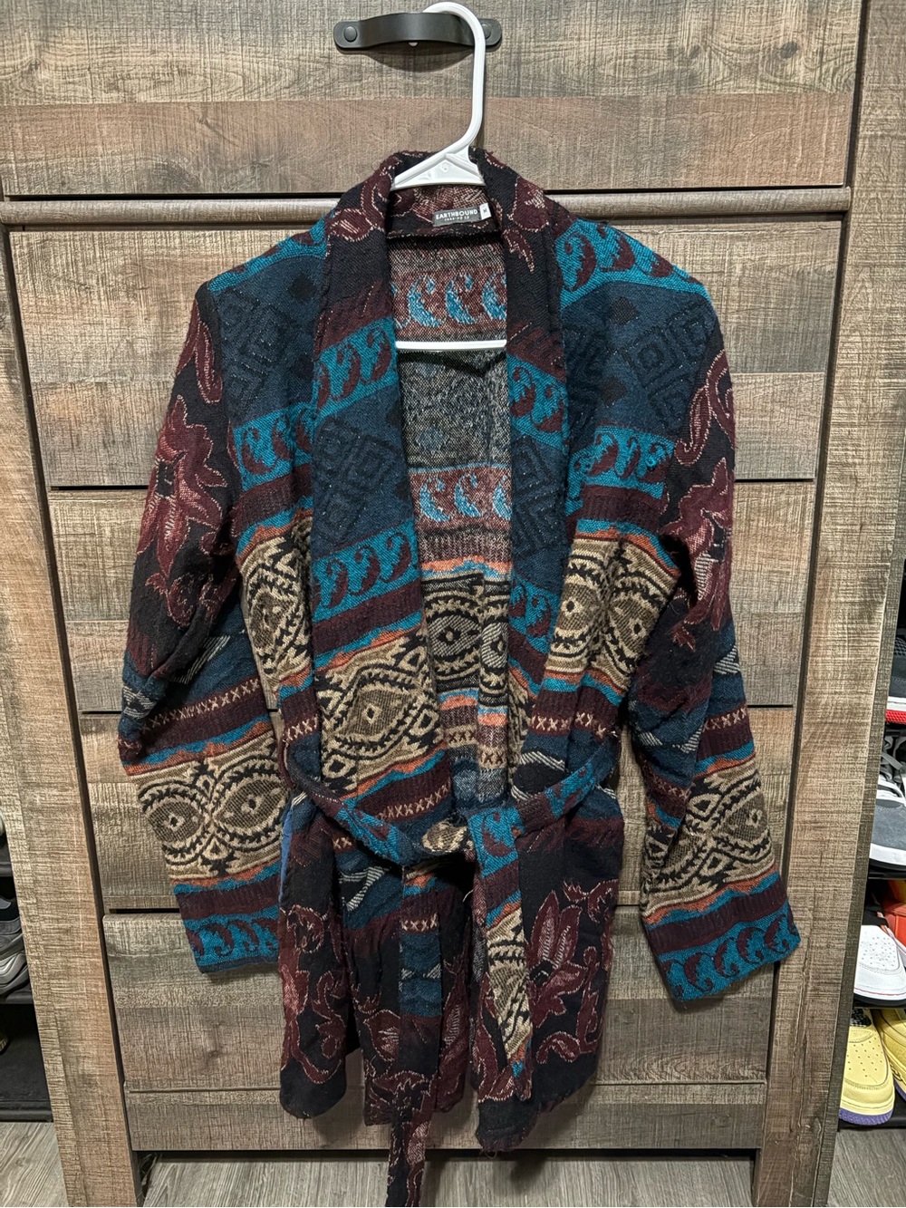 EARTHBOUND Patterned Shawl-Collar Belted Cardigan